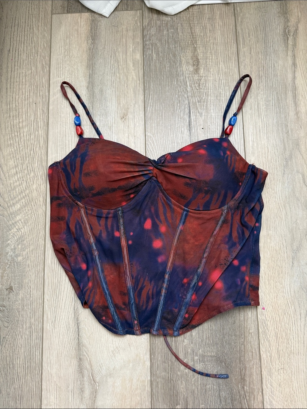 Fashionnova - surreal feeling - Red and Navy Tie-Dye Mesh Bustier Top